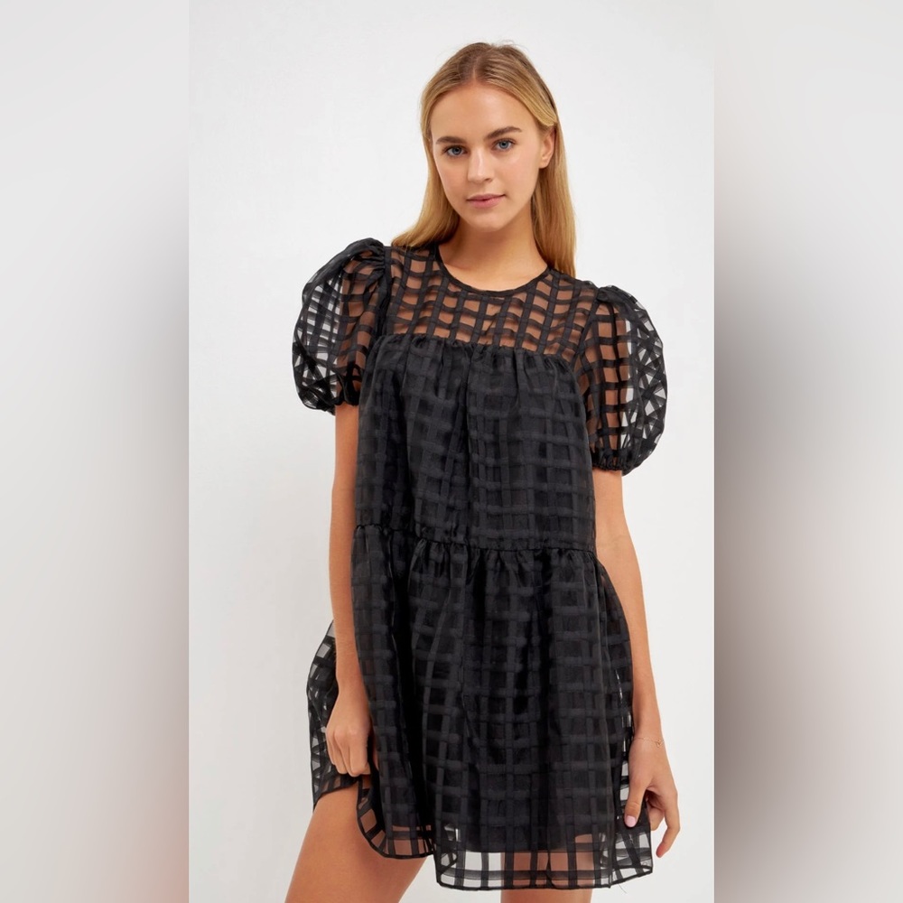 ENGLISH FACTORY GRIDDED ORGANZA MINI DRESS